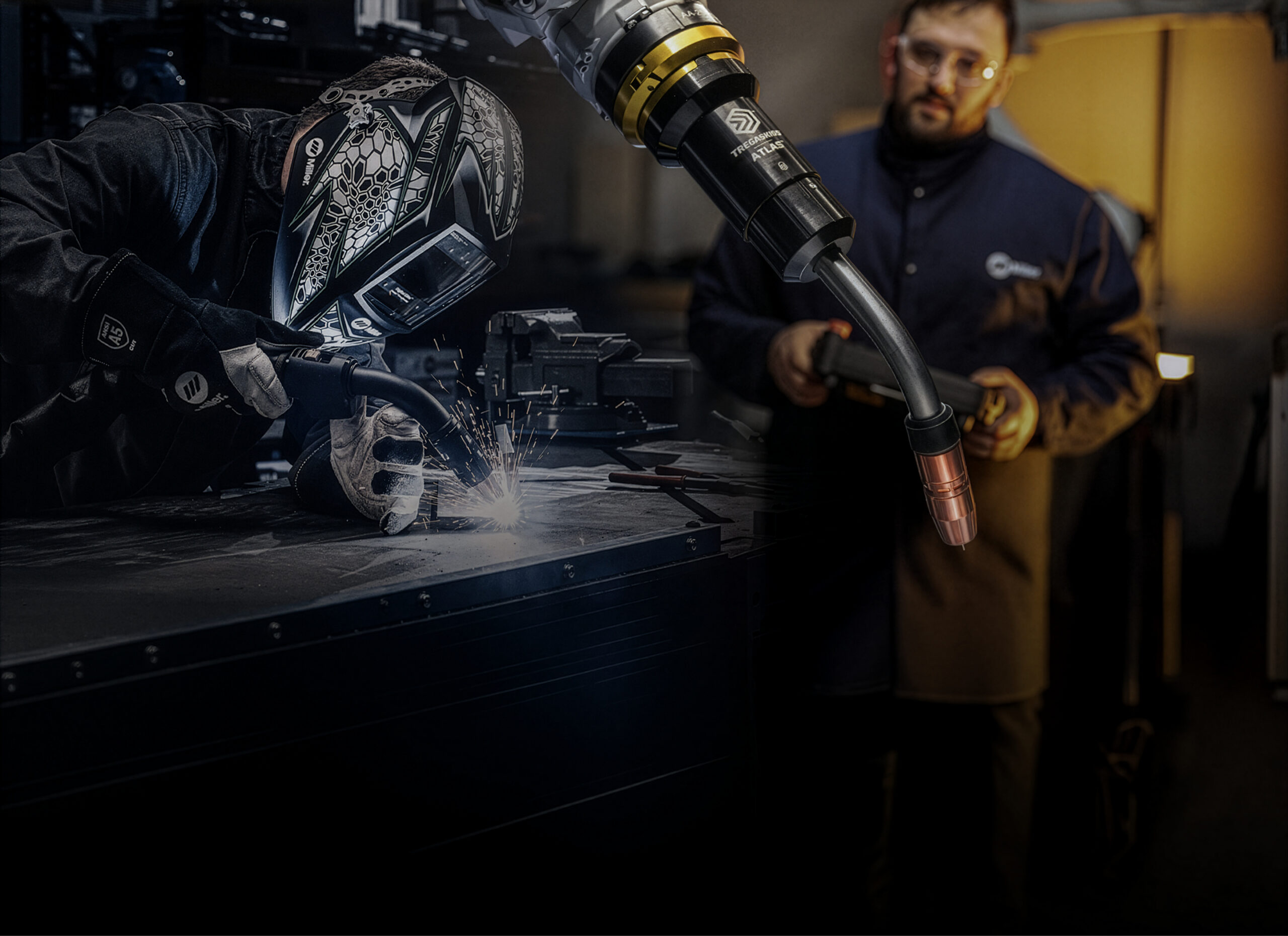 Bernard and Tregaskiss products in use: a welder at a bench and a robotic MIG torch on a weld cell