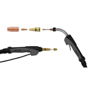 Acculock S consumables with a MIG gun and the consumables spread apart near the tip of the gun so you can see the nozzle, diffuser and contact tip