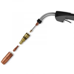 Front end exploded view of BTB semi-automatic air-cooled MIG gun equipped with AccuLock S consumables