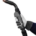 Clean Air straight handle fume extraction MIG gun being held by gloved hand