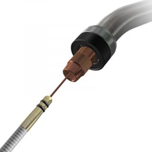 QUICK LOAD liner shown being installed into front-end of MIG gun