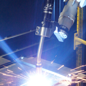 TOUGH GUN CA3 robotic air-cooled MIG gun in action with colorful welding sparks